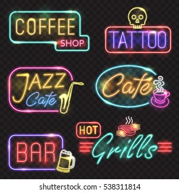 Neon signs. Vector neon lights illustrations icons for bar, tattoo, coffee, grills, jazz cafe designs.