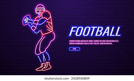 Neon silhouette of an American football player in the colors blue, pink, red and yellow against a brick wall background. A concept for sports betting.