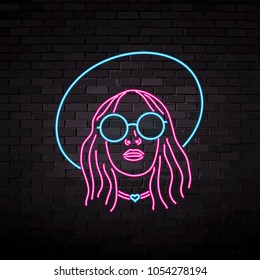 neon silhouette of a beautiful girl in glasses vector illustration