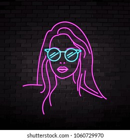 neon silhouette of a beautiful girl in glasses vector illustration