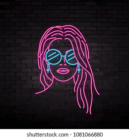 neon silhouette of a beautiful girl in glasses. vector illustration