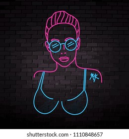 neon silhouette of a beautiful girl in glasses vector illustration