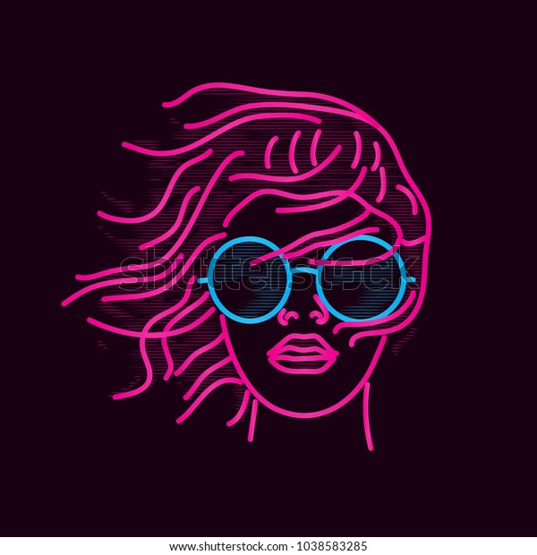 Neon Silhouette Beautiful Girl Glasses Vector Stock Vector