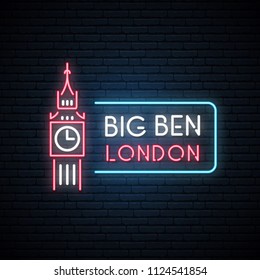 Neon silhouette of  Big Ben with the inscription: Big Ben London. Glowing sign. Vector illustration.