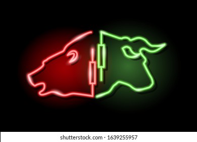 Neon silhouette of bull and bear heads with japanese candlestick symbol isolated on black background. Stock market concept. Vector 10 eps illustration.