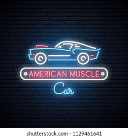 Neon silhouette of classic American muscle car. Glowing sign. Auto icon. Vector illustration.