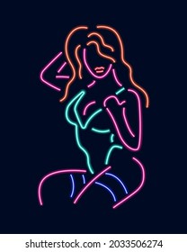 Neon silhouette of girl isolated on dark background. Vector