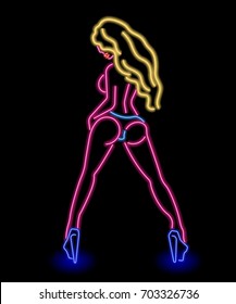 Neon silhouette of girl isolated on black background.
