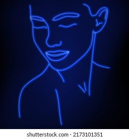 Neon silhouette of a girl. Vector illustration. Portrait in one line. The face is neon on a black background. a kiss.