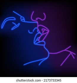 Neon silhouette of a girl. Vector illustration. Portrait in one line. The face is neon on a black background. a kiss.