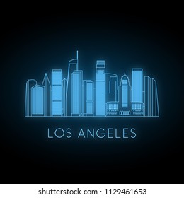 Neon silhouette of Los Angeles city. Glowing blue city landscape. Vector banner. 