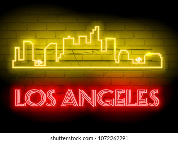 Neon silhouette of Los Angeles  (United States) city skyline vector background. Neon style sign illustration. Illustration for t shirt printing or wall decoration. Brickwall as background.