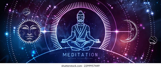 Neon Silhouette of meditating man. Sun and moon sign with human face on outer space background. Day and nignt. Vector illustration