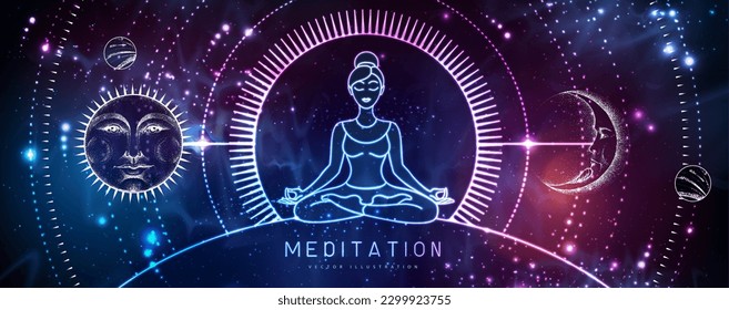 Neon Silhouette of meditating woman. Sun and moon sign with human face on outer space background. Day and nignt. Vector illustration