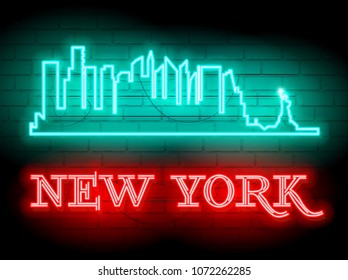 Neon silhouette of New York (United States) city skyline vector background. Neon style sign illustration. Illustration for t shirt printing or wall decoration. Brickwall as background.