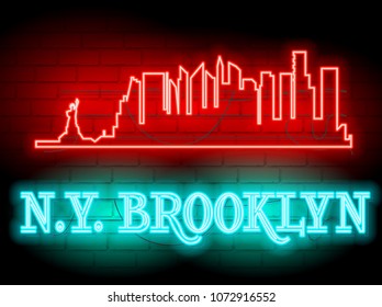 Neon silhouette of New York (United States) city skyline vector background. Neon style sign N.Y. Brooklyn. Illustration for t shirt printing or wall decoration. Brickwall as background.