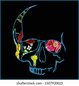 Neon silhouette of a skull on a black background. Fresh flowers and death. A symbol of the past and the future. Fashionable template for clothes, textiles, t-shirt design.