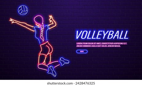 Neon silhouette of a volleyball player girl with a ball on a brick wall background. A concept for sports betting.