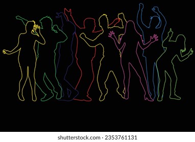 Neon silhouettes of dancing young people.