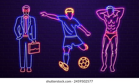 Neon silhouettes of men, a football player, a businessman and a stripper against a brick wall. Bright people.