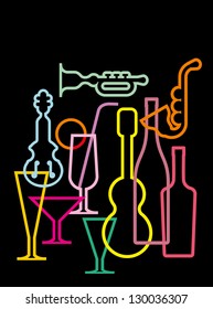 Neon silhouettes of music instruments, glasses and bottles - isolated on black background. Vector illustration.