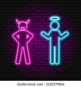 Neon silhouettes of people on a white background. Angel and demon. Good and evil. Vector illustration. svg