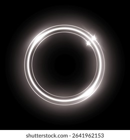 Neon silver round frame. Abstract colorful glow light circle. Laser bright round shape. Futuristic illuminated button. Geometric graphic vector illustration isolated on black background.
