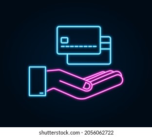 Neon simple credit card with hands template on white background. Vector Illustration.