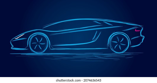 Neon simple vector drawing of a sports car. Side view. Dark blue background.