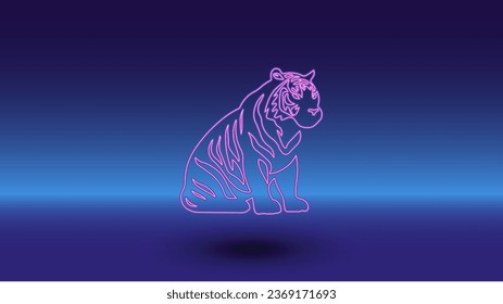 Neon sitting tiger symbol on a gradient blue background. The isolated symbol is located in the bottom center. Gradient blue with light blue skyline