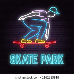 Neon skate park sign on brick wall background. Vector illustration. Neon design for skate park emblems, gym signs related health and gym business. Night bright advertisement with skateboarder