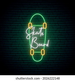 Neon skateboard sign. Glowing skateboard on brick wall background. Bright light signboard. Vector illustration in neon style.