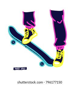 Neon skater design. Skateboarder in bright neon color t-shirt design