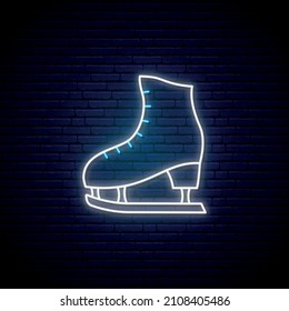 Neon skates sign. Glowing skates icon on brick wall background. Bright light signboard. Vector illustration in neon style.