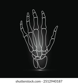 Neon Skelton Hand. Line art. Black and white. Isolated on black background. Halloween concept. Human Body. Horror hands. Bones Hands. Human Hand. Design print on shirt, card, poster, tee. 
