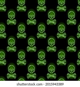 Neon skull and crossbones seamless pattern with green Jolly Roger icons on black background. Poison, pirates, danger, death, Halloween concept. Vector 10 EPS illustration.