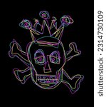 Neon skull icon with crown, hand drawing line vector illustration 