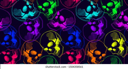 Neon Skull Seamless Bright Colorful Pattern Texture