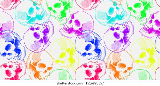 neon skull. seamless bright colorful pattern.