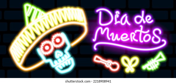 Neon skull in a sombrero of different colors with a glow on a black background. Day of the Dead vector neon illustration. Dia de Muertos.