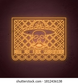 Neon skull in sombrero. Papel picado for Dia de los Muertos - Day of the Dead in Mexico. Vector illustration. 