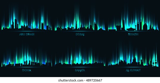 Neon ?ity skyline Abu Dhabi, Dubai, Riyadh, Doha, Sanaa, Al Kuwait