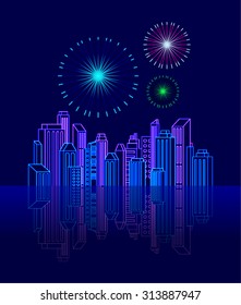 Neon Skyline And Firework