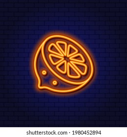 Neon Sliced Lemon. Half a lemon. Glowing Neon Element.