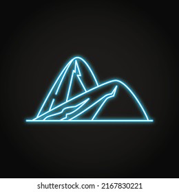 Neon sloping hills icon in line style. Mountain symbol. Vector illustration.
