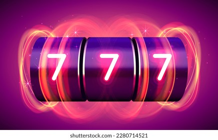 Neon slot machine coins wins the jackpot. 777 Big win casino concept. Vector illustration