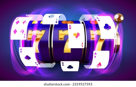 Neon slot machine coins wins the jackpot. 777 Big win casino concept. Vector illustration
