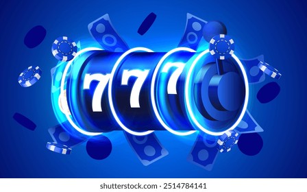 Moedas de máquina de fenda de néon ganha o jackpot. 777 Conceito de cassino de vitória grande. Ilustração vetorial