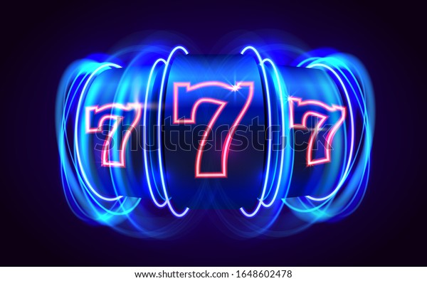 Neon slot machine coins wins the\
jackpot. 777 Big win casino concept. Vector\
illustration