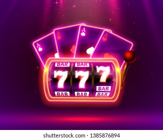 Neon Slot Maschine, Playing Cards gewinnt den Jackpot. Vektorgrafik